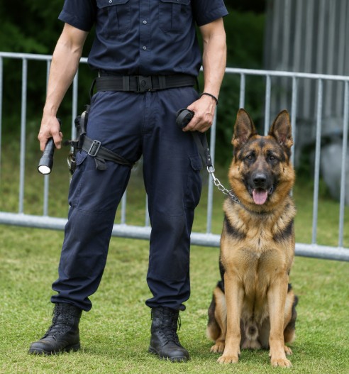 Agent cynophile tenant un chien de s&eacute;curit&eacute;